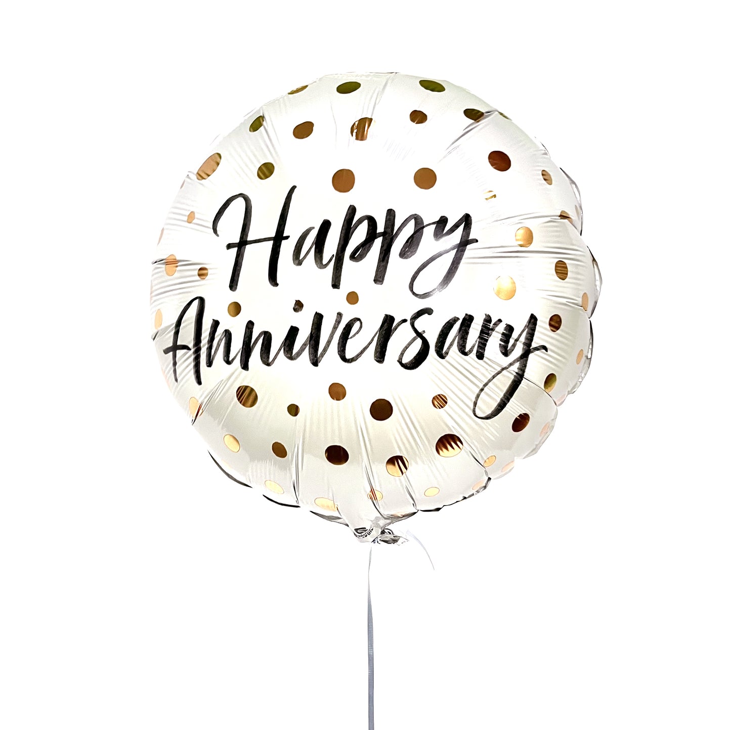 Happy anniversary white mylar balloon with gold dots