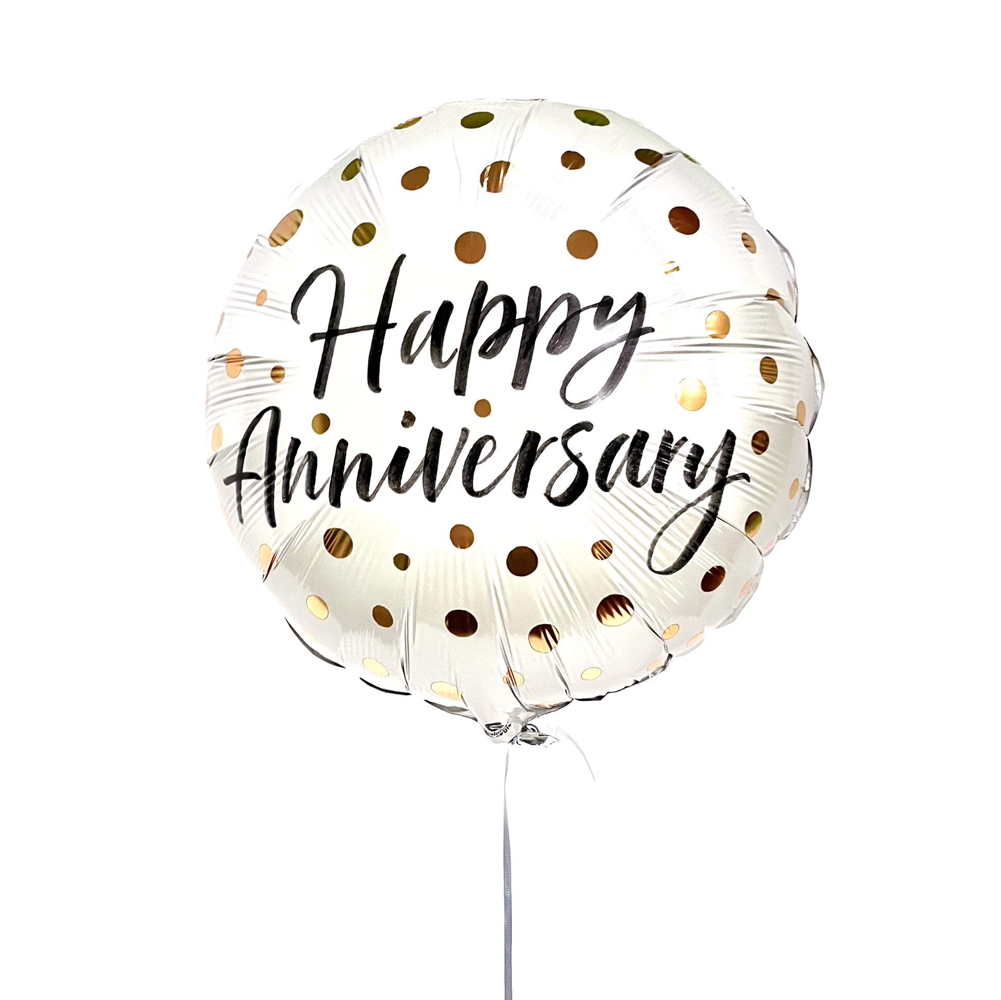 Happy anniversary white mylar balloon with gold dots