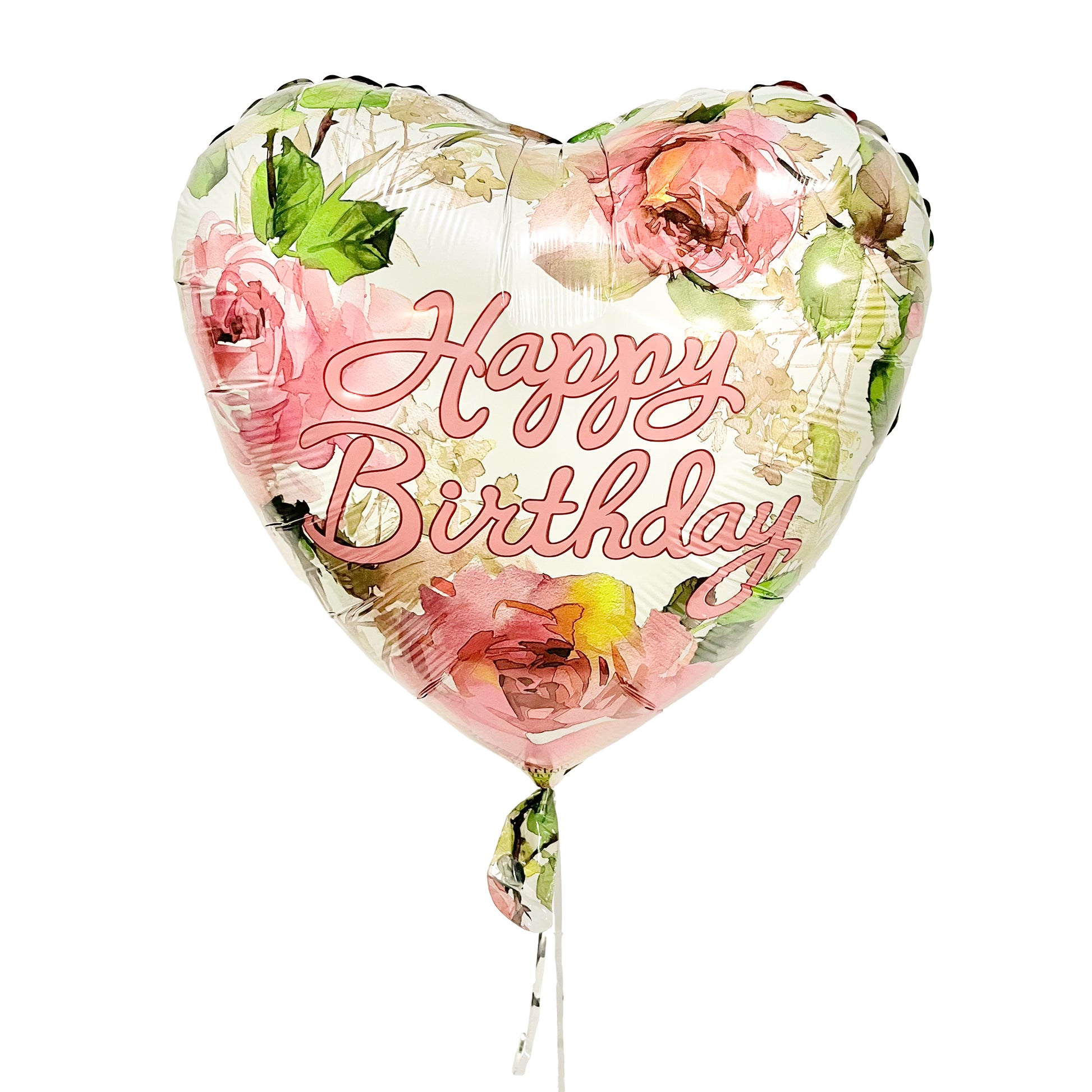 happy birthday pink flowers on heart shaped mylar balloon