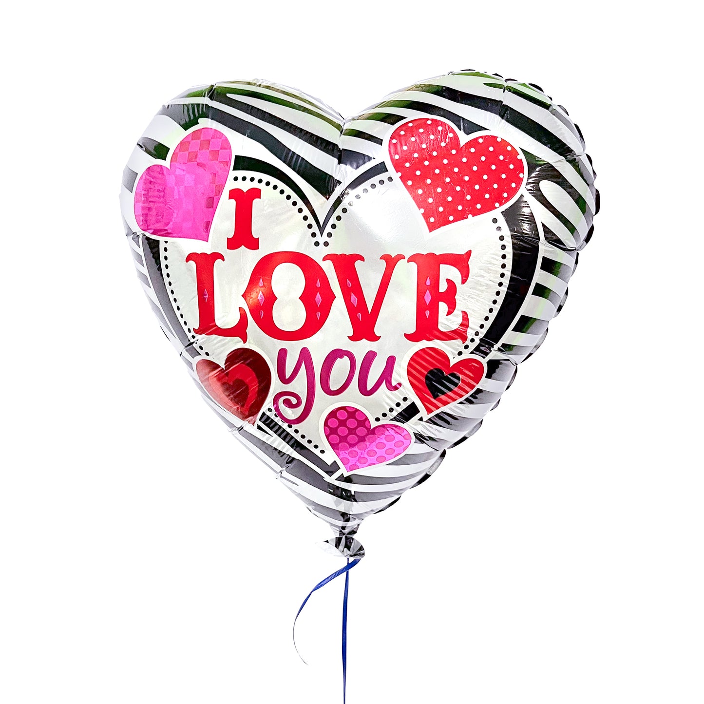 I love you — pink and red hearts on black and white striped heart-shaped mylar-balloon