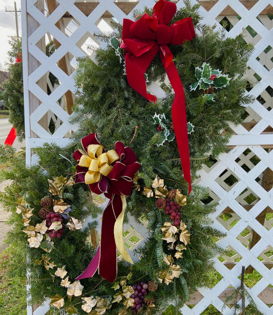 Wreath - With Bow, Pinecones, and Holly